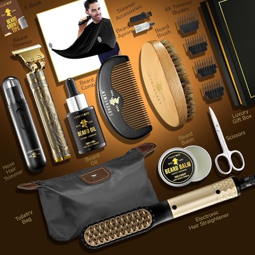 Grooming Beard Kit, Fathers Day Gift Ideas for Husband, Dad Gifts for Fathers Day, Beard Trimmer, Nose Hair Trimmer, Hair Straightener Brush, Oil, Balm & More, 15pc Men Care Kit, Gifts for Men.