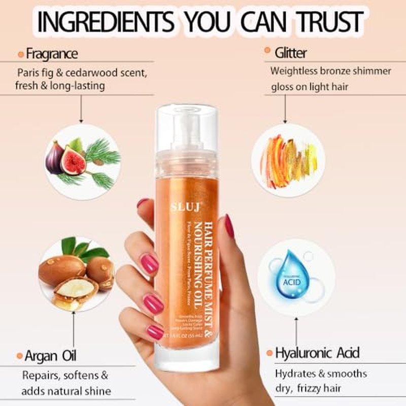 SLUJ Hair Perfume for Women, Hair Spray & Body Mist, Summer Lightweight Long Lasting Fragrance Mist, Hair Mist with Argan Oil & Bronze Shimmer for All Hair Types- 50ml