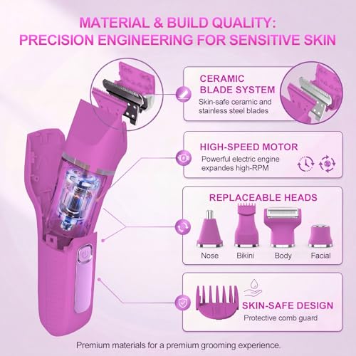 KINGTEE Bikini Trimmer for Women,Electric Shaver for Women, IPX7 Waterproof Razor Shaver,Women's Electric Razor,Intimate Shaver for Women,with 5 Blades,USB-C Rechargeable,Recharge Dock£¨Rose Pink£©