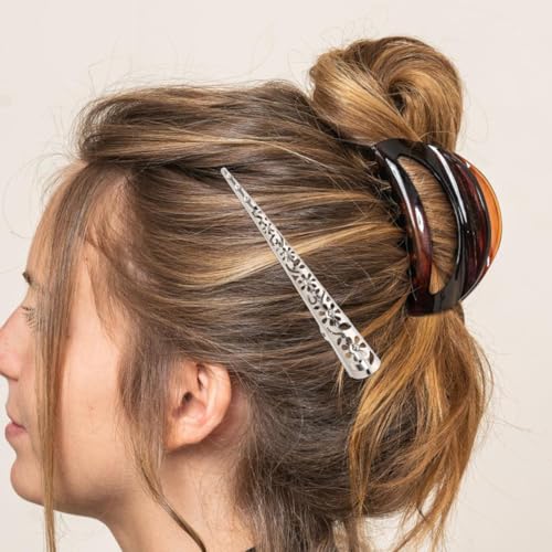 FRCOLOR Silver Metal Hair Barrette, 5.11" Hollow Floral Hair Clip, 4 Pcs