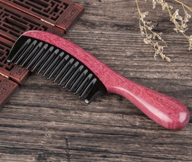 Myhsmooth Handmade Black Buffalo Horn Comb with Violetwood Handle, Wide Tooth, No Static, 7inch