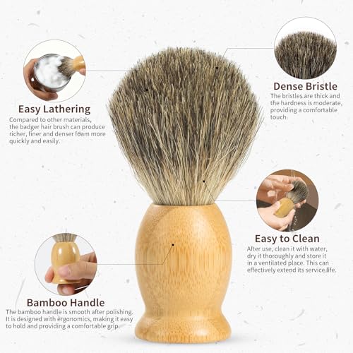 SAMEBUTECO Shaving Brush Set for Men-Pure Badger Hair Brush with Bamboo Handle, Stainless Steel Stand & Bowl, Wet Shaving Kit for Smooth Close Shave, Gift Set