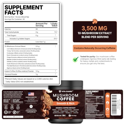 Vita Guard Mushroom Coffee - Instant Blend with Lion's Mane, Cordyceps & Reishi - 30 Servings
