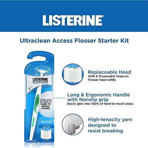 Listerine Ultraclean Access Flosser & Reach POP Dental Floss Bundle - 2 Pack Starter Kit with Mint Floss Heads
