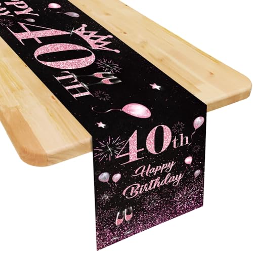 Happy 40th Birthday Table Runner - Black & Pink, 72 inches