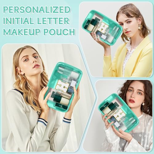 Personalized Initial Makeup Bag - WELIDAY Chenille Cosmetic Pouch (Green, H)