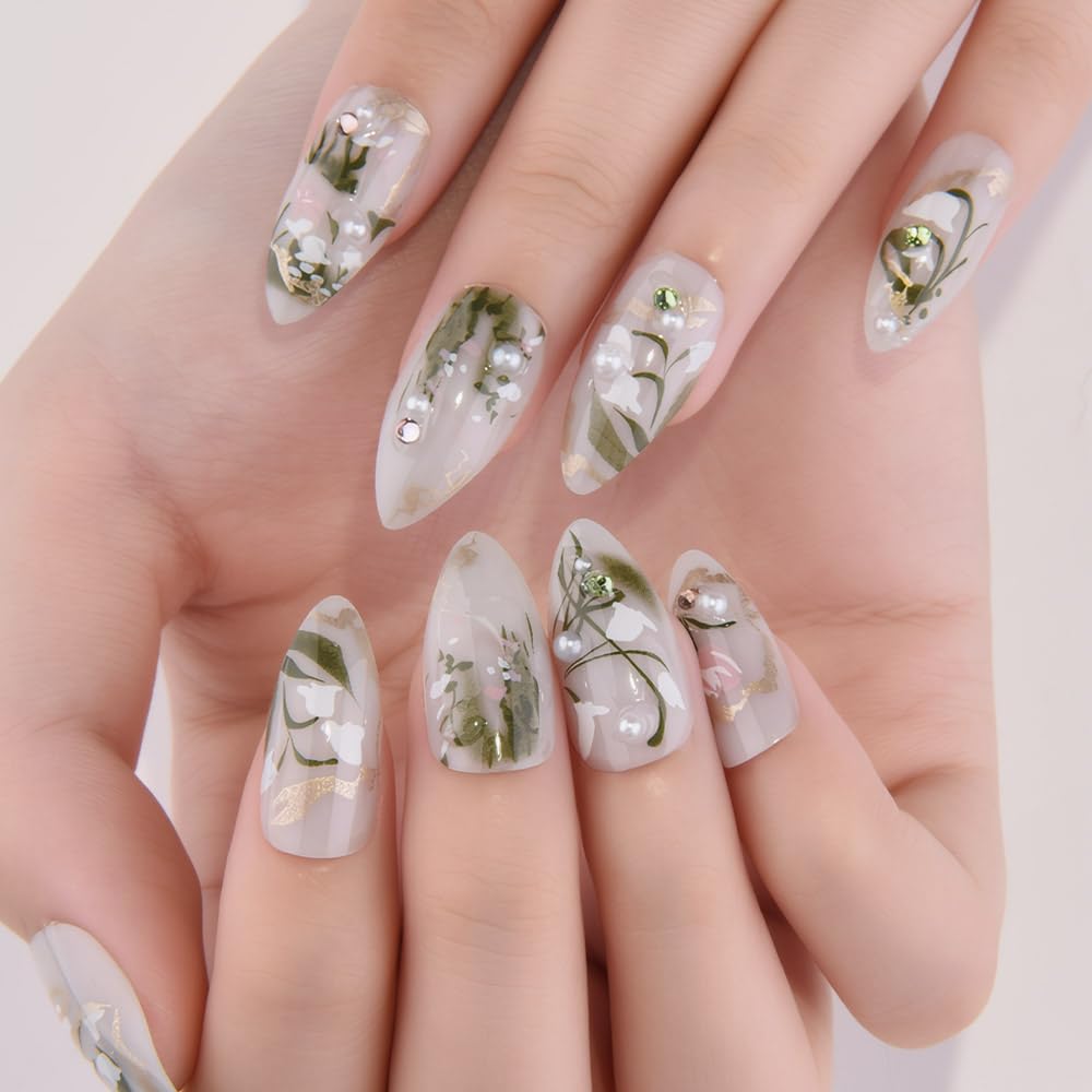 3D Gold Line French Tip Press-On Nails - Short Almond Glitter Light Nude | Handmade Acrylic Nails with 3D Pearl Designs