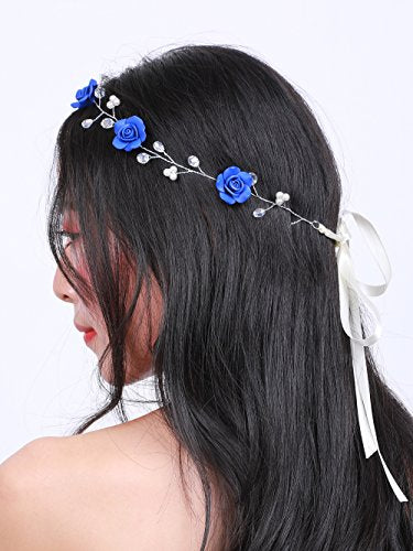 Missgrace Navy Blue Bridal Headband with Crystals & Silver Wire - Ivory & Blue Variations