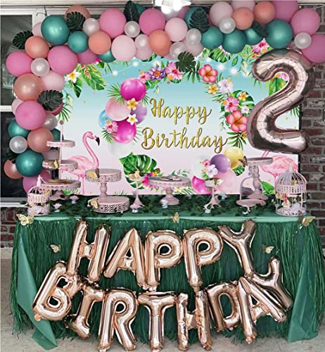 Tropical Hawaiian Birthday Backdrop - Flamingo & Palm Leaves 7x5FT