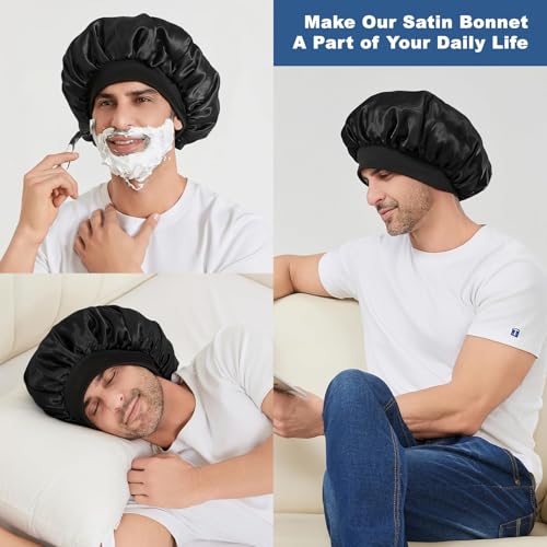 Selalu Men's Double Layer Silk Satin Sleep Bonnet - Adjustable, Black