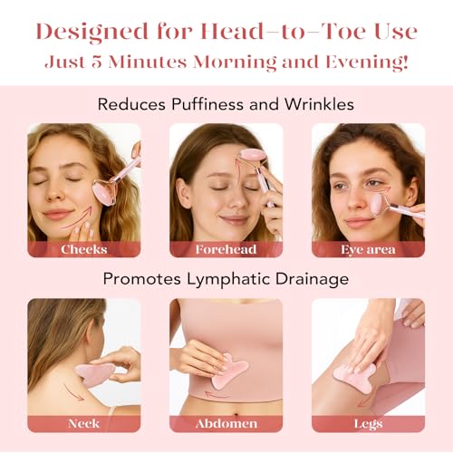 BAIMEI Pink Rose Quartz Roller & Gua Sha Set for Facial Care