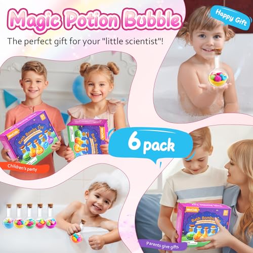 MeCids Magic Potion Bubble Bath Bombs for Kids - Shaped Gems & Stars, Fun Science Gift Set, 6-Pack