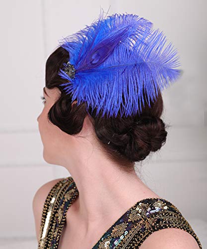 Royal Blue Flapper Headpiece with Feather & Crystal Hair Clip