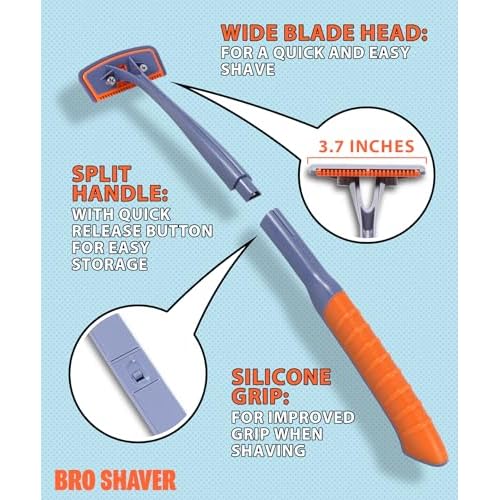 BRO SHAVER 3.0 +6 Blades, Back Shaver for Men (DIY) Back & Body Hair Trimmer. Shave Wet or Dry. Uses Double Edge Razor Blades. Ergonomic Handle, Includes Blades