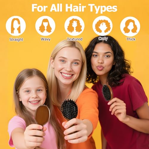 Ancable Wood Mini Round Travel Hair Brush with Boar Bristles, Kid-Friendly & Portable