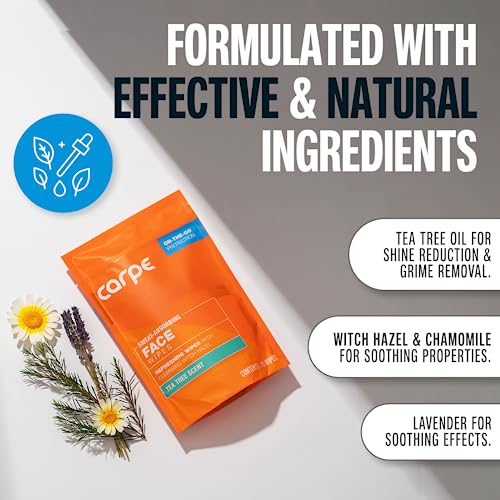 Carpe Sweat Absorbing Face Wipes with Witch Hazel & Tea Tree - 15 Count