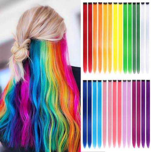 Rainbow-28 Pack Colored Clip-In Hair Extensions 22 Inch for Women & Parties