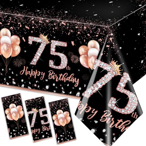 3 Pack Rose Gold 75th Birthday Tablecloths - Disposable Rectangular Covers