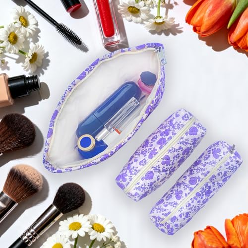 3-Piece Floral Quilted Makeup Bag Set - Cotton Cosmetic Travel Organizer