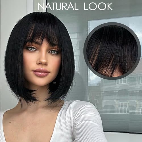 Short Bob Wig with Bangs – Natural Black Synthetic Hair for Women