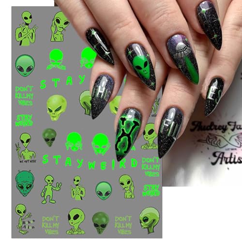 Glow in the Dark Alien Nail Art Stickers - 4 Self-Adhesive Sheets