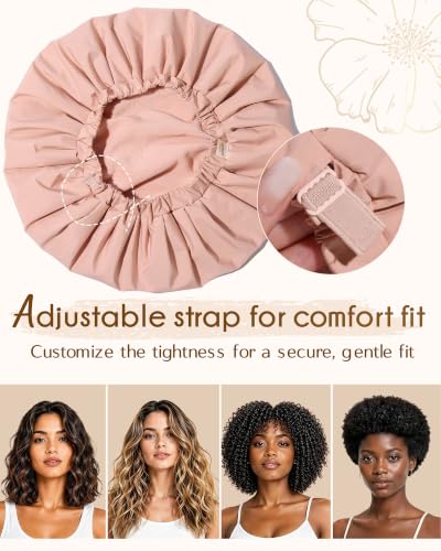 YANIBEST Adjustable Shower Cap with Fleece Lining - Large Peachy Pink