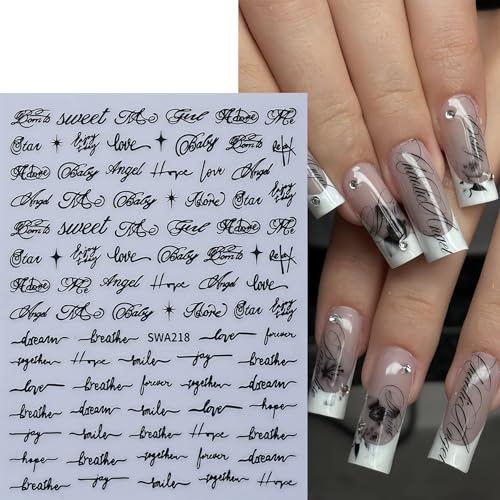 Sxidrosck English Letter Nail Stickers 6 Sheets 3D Self-Adhesive Black Red Cursive Word Design for Nail Art DIY