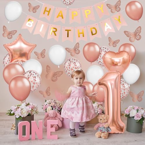 Rose Gold 1st Birthday Decoration Set with Foil Balloons & Banner