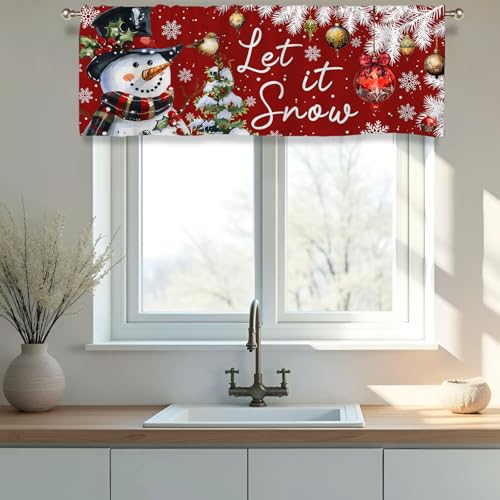 Snowman Christmas Valance Curtains - 51x18 Red Drapes for Windows