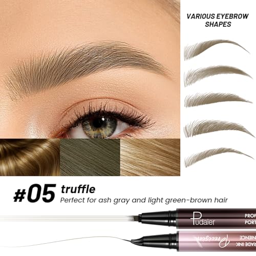 Pudaier Waterproof Microblading Eyebrow Pen - 2 Pack with 4 Tip Brush