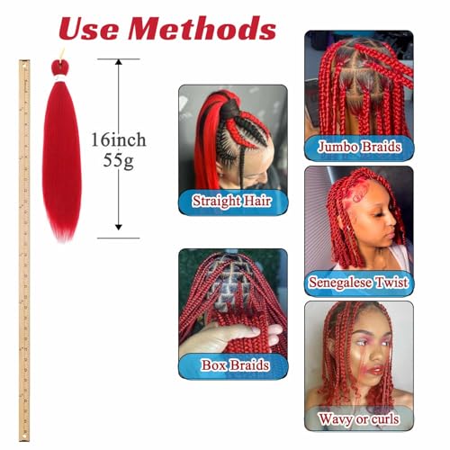Royota Red Pre-Stretched Braiding Hair 16 Inch, 8 Packs - Easy Yaki Synthetic Extensions