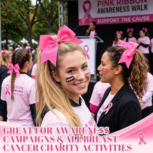 Tisancy 8" Large Pink Cheer Hair Bows & 15 Breast Cancer Tattoos