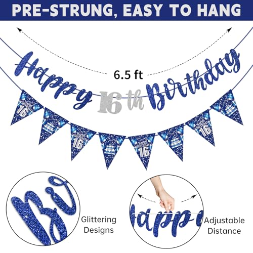 16th Birthday Decorations Kit - Blue Silver Banners & Swirls