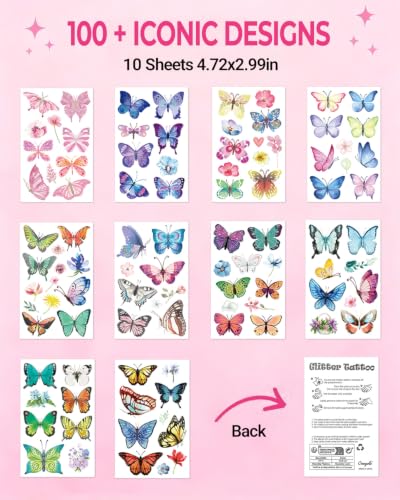 Glitter Butterfly Temporary Tattoos - 100 Pcs Waterproof Body Art