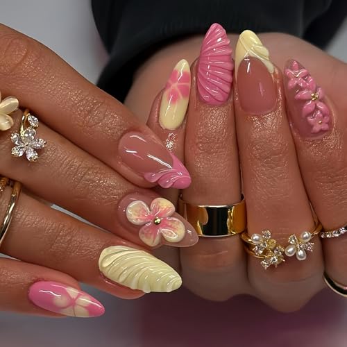 24Pcs French Tip Press on Nails - Floral Acrylic Nail Art