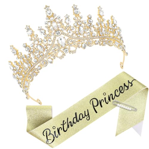 Gold Princess Crown and Glitter Sash for Birthday Party Decorations - Women & Kids