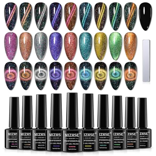 MIZHSE Galaxy Cat Eye Gel Nail Polish Set - 10 Colors with Magnetic Stick