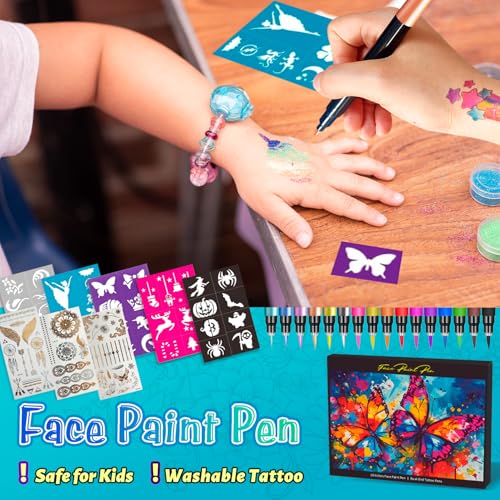 CORALMEE 16Pcs Dual-Tip Temporary Tattoo Markers Kit with 43 Stencils & 50 Stickers