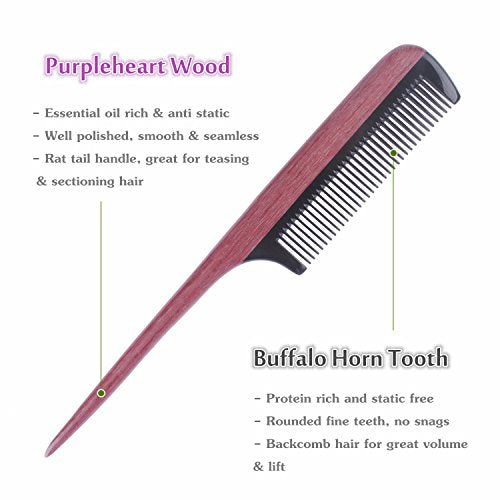 Breezelike Handmade Rat Tail Hair Comb, Purpleheart Wood & Buffalo Horn