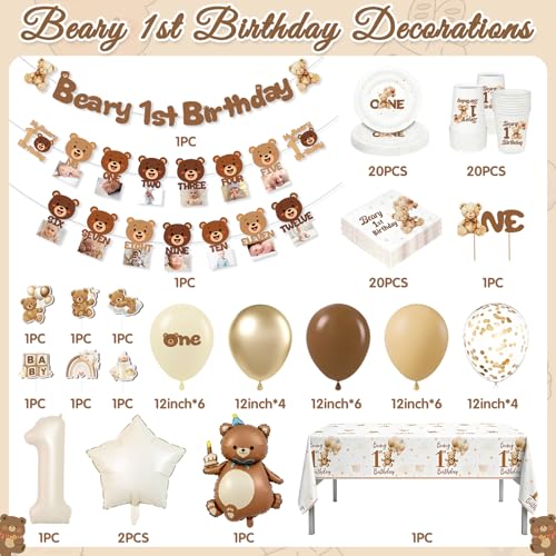 Beary First Birthday Decorations Set for Boys & Girls - 20 Guests