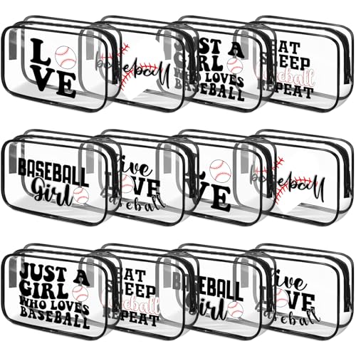 12 Pack Clear PVC Makeup Bags with Baseball Theme, Portable Gift Storage
