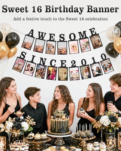 Sweet 16 Birthday Banner with Photo Display | Glitter Milestone Decor