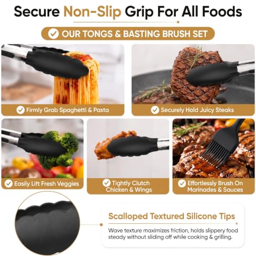 Headaze Kitchen Tongs Set of 4 with Silicone Tips and Brush