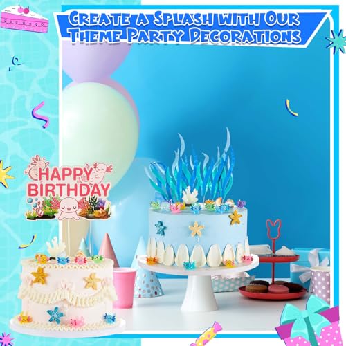 Axolotl Cake Topper Set with 22 Figurines & Seagrass - Ocean Theme Party Decorations