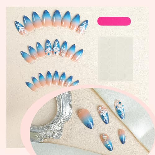 FOXIIU Blue Gradient Almond Press-On Nails with Floral Rhinestones & Charms - Medium Length Full Cover Fake Nails for Women & Girls