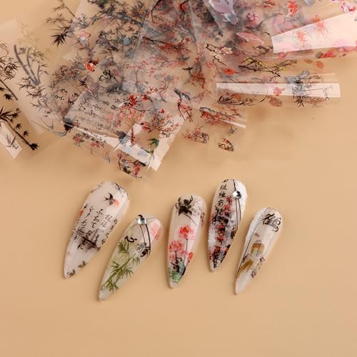Chinese Style Nail Foil Transfer Stickers - Plum Orchid Bamboo Pattern, 10 Rolls