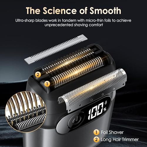 Electric Razor for Men, Foil Shaver and Beard Trimmer | For Dry And Wet,Battery LED Display USB-C Fast Charge, IPX7 Waterproof Portable Travel Shaver (Charcoal Black)