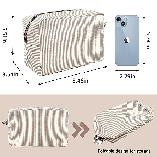 GFU Seersucker Cosmetic Bag for Women - Large Travel Makeup Organizer