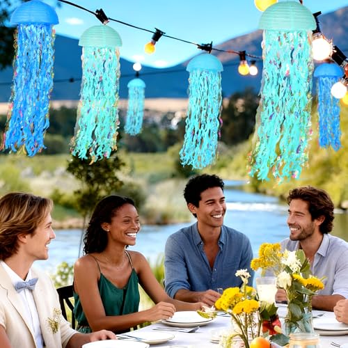 Set of 6 Blue Jellyfish Paper Lanterns - Ocean Theme Decor