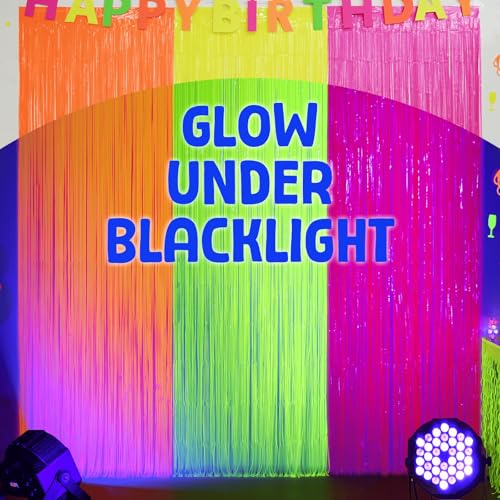 Mega-Loopolis Neon Fringe Curtains - 3 Pack Glow in The Dark Backdrop, 9.9 x 6.6 ft Tinsel for Parties